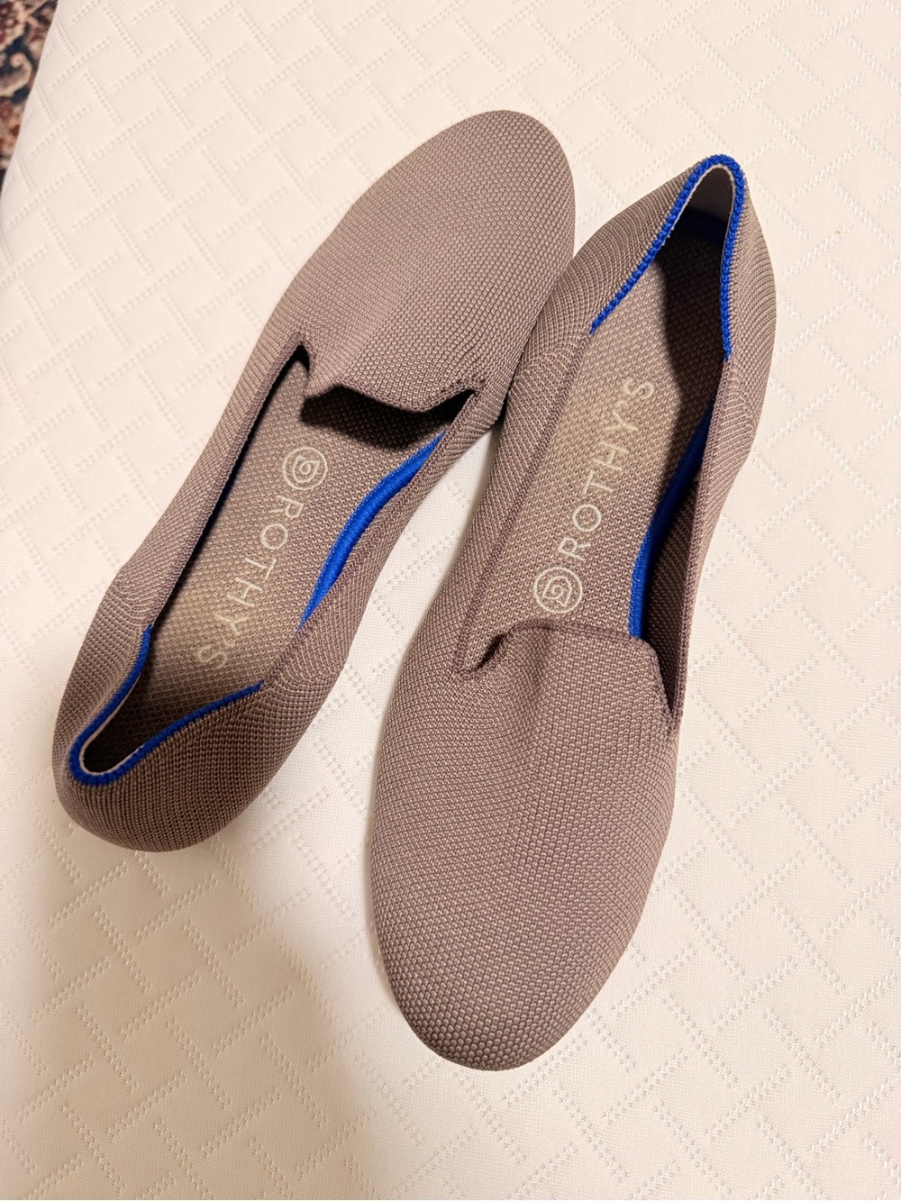 Rothy's Taupe Knit Slip-On Flats with Blue Trim